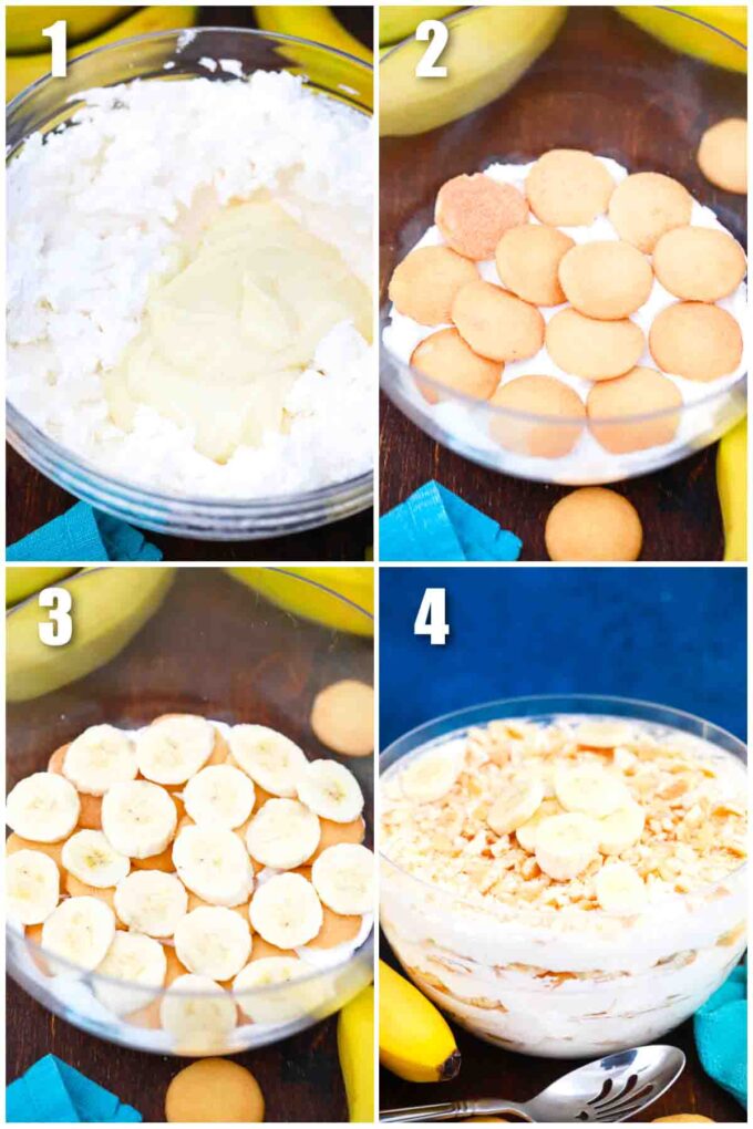 photo collage of steps how to make magnolia bakery banana pudding