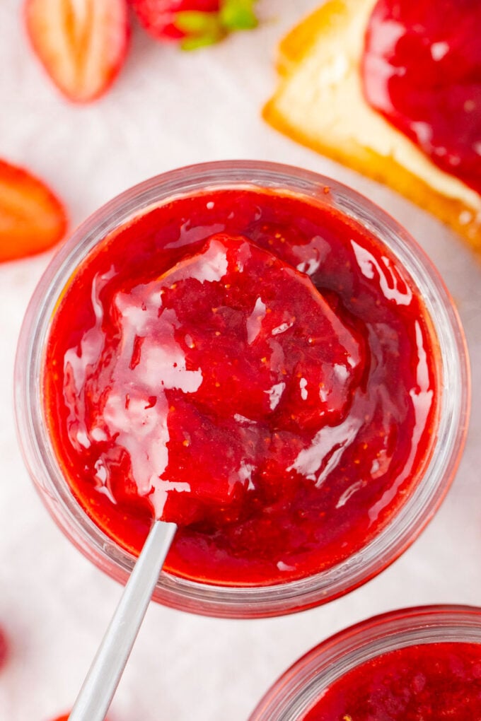 Overhead shot of a spoonful of instant pot strawberry jam.