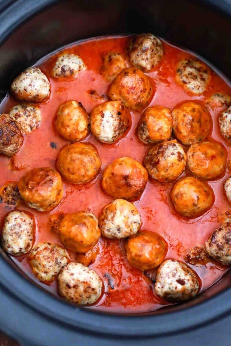 Slow Cooker Buffalo Chicken Meatballs - Sweet and Savory Meals