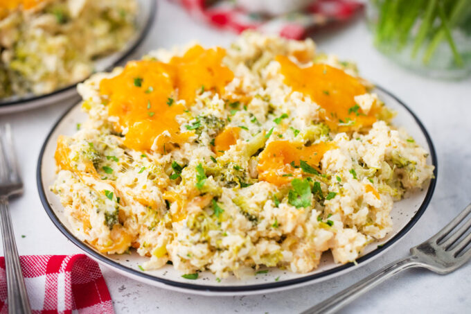 A bowl of cheesy broccoli rice casserole.