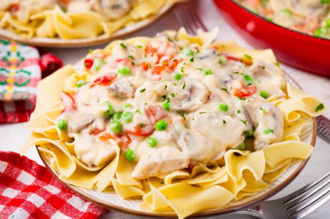 Creamy chicken a la king over egg noodles.