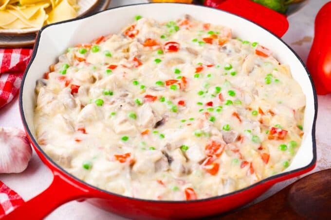 Homemade skillet of chicken a la king.