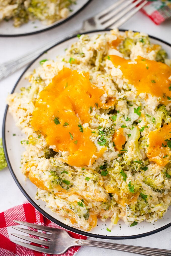 Homemade cheesy broccoli rice casserole.