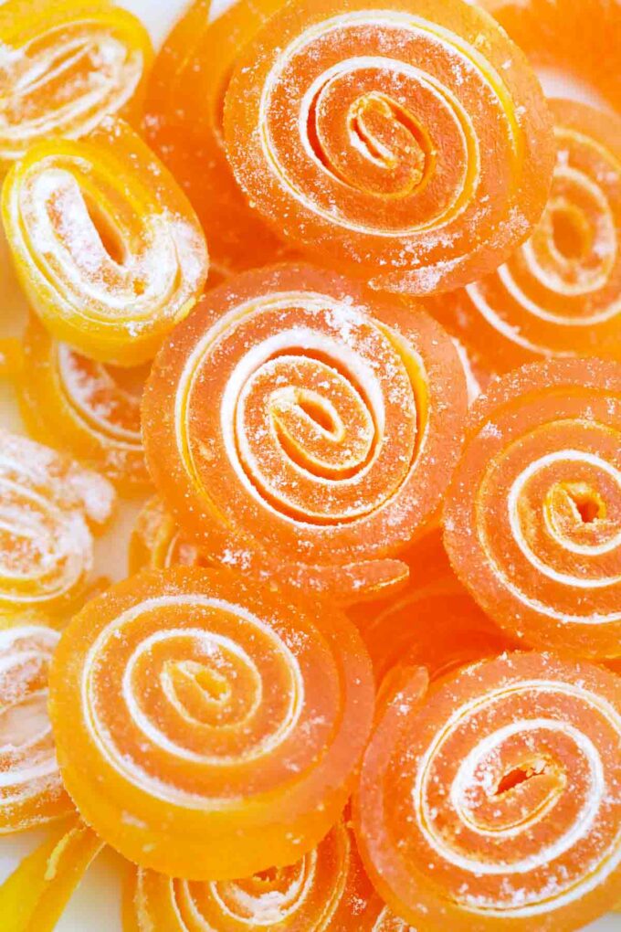 overhead macro shot of orange jelly candy
