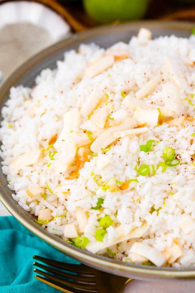 A bowl of coconut rice topped with toasted coconut.