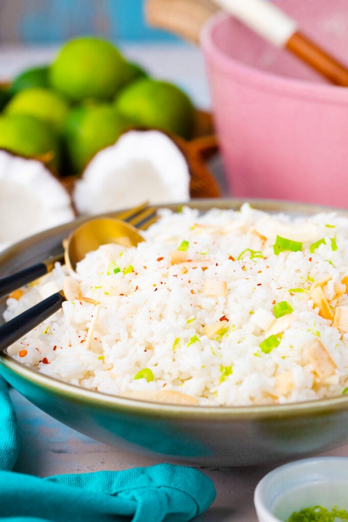 A bowl of coconut rice topped with toasted coconut and chopped green onions.