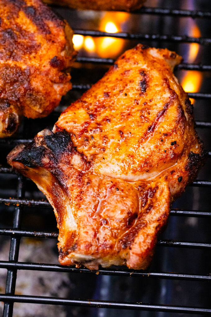 Grilling bone-in pork chops.
