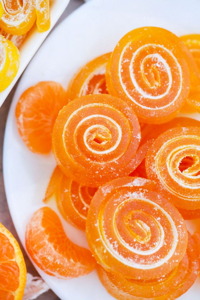 Swirled homemade orange jelly candy.