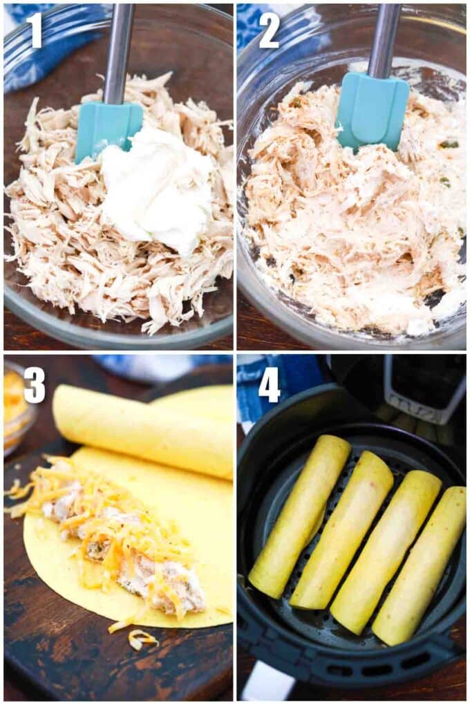 photo collage of steps crispy air fried chicken taquitos