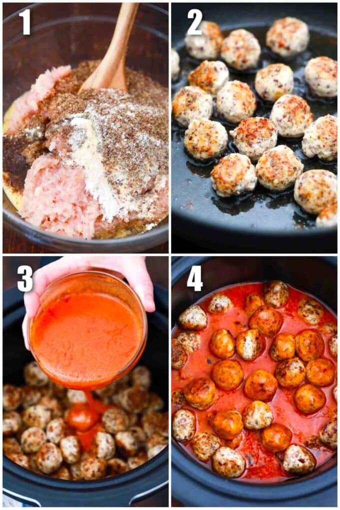 photo collage of steps how to make buffalo chicken meatballs