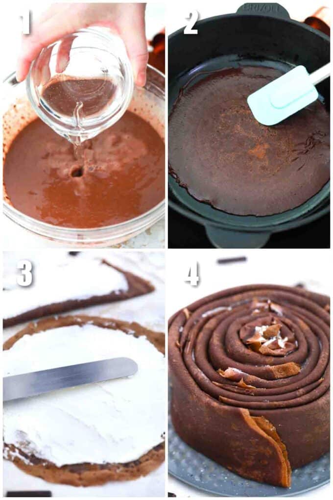 photo collage of steps how to make chocolate crepe cake