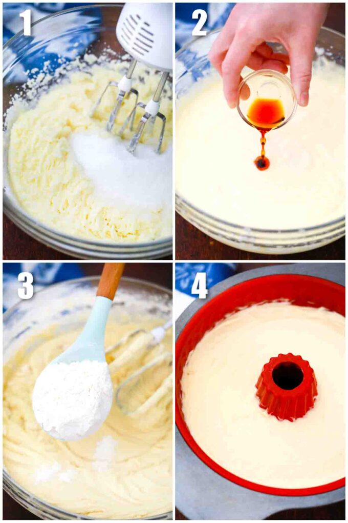 photo collage of steps how to make cream cheese pound cake