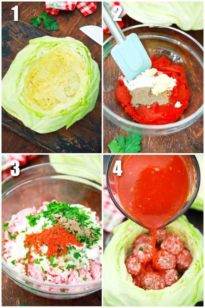 photo collage of how to make meatball stuffed cabbage