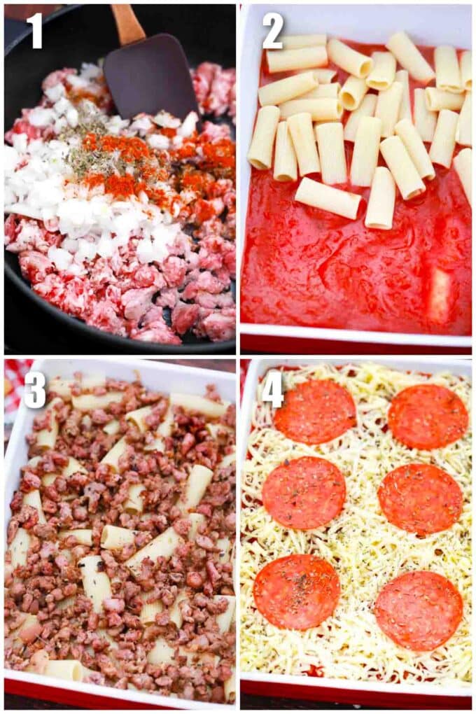 photo collage of how to make pizza casserole