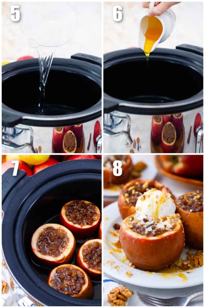 collage of photos showing the steps of how to make slow cooker baked apples