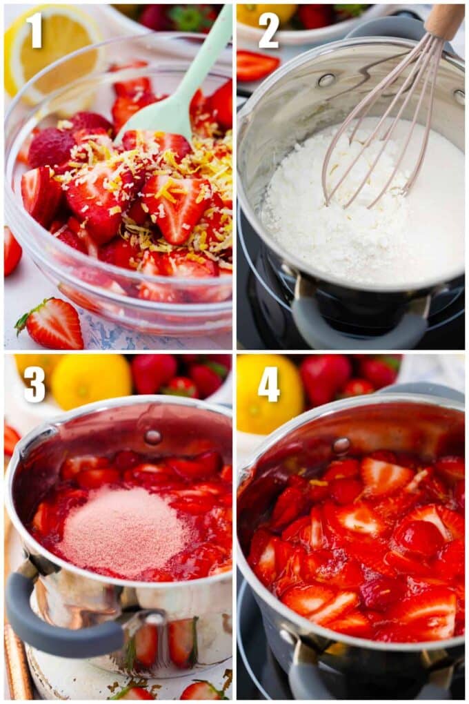 collage of four photos showing how to make strawberry pie filling