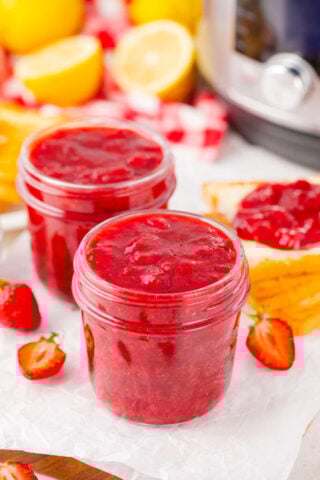 Two jars of homemade instant pot strawberry jam.