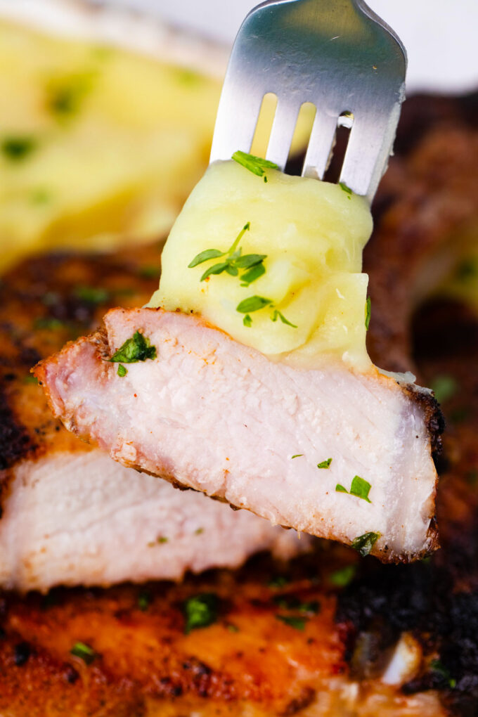 Sliced, juicy grilled pork chops.