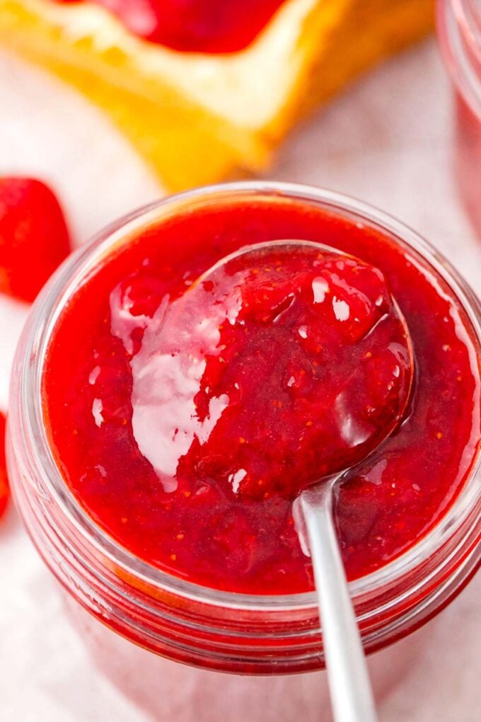 A spoonful of pressure cooker strawberry jam.