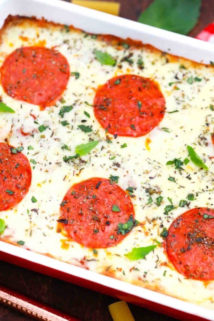 overhead shot of pizza casserole with pepperoni
