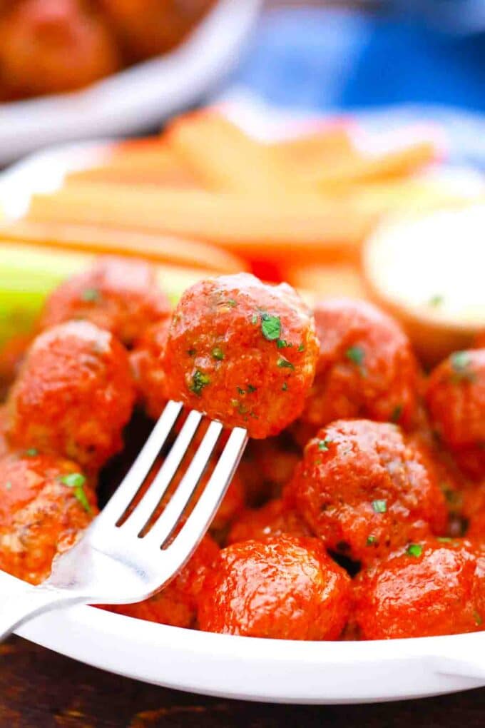 buffalo chicken meatball on a fork