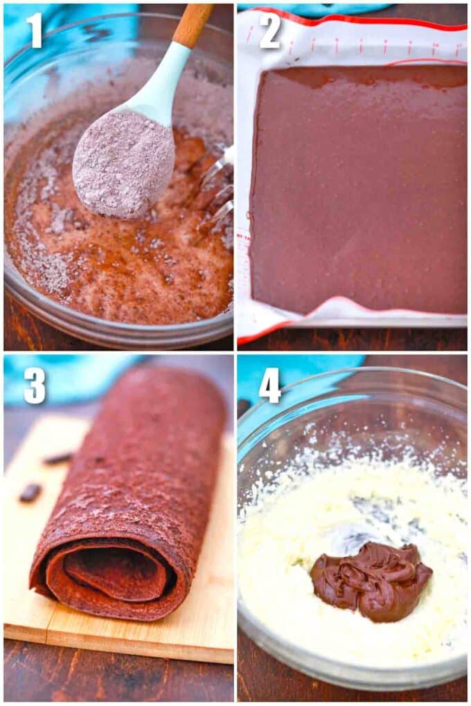 photo collage of steps how to make french silk cake roll