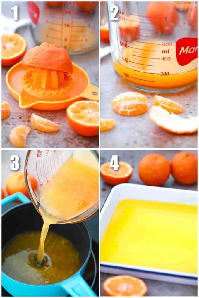 photo collage of steps how to make orange jelly candy