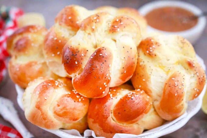 homemade Portuguese sweet bread rolls on a plate