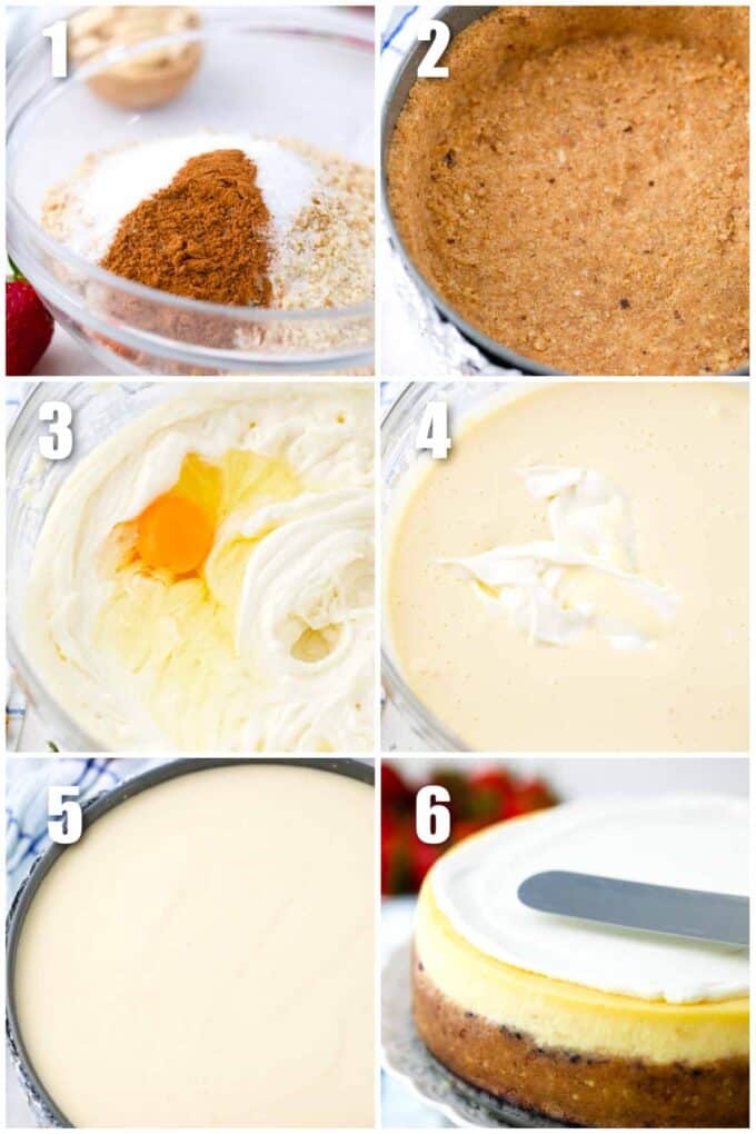 collage of six photos showing how to make cheesecake factory original cheesecake copycat