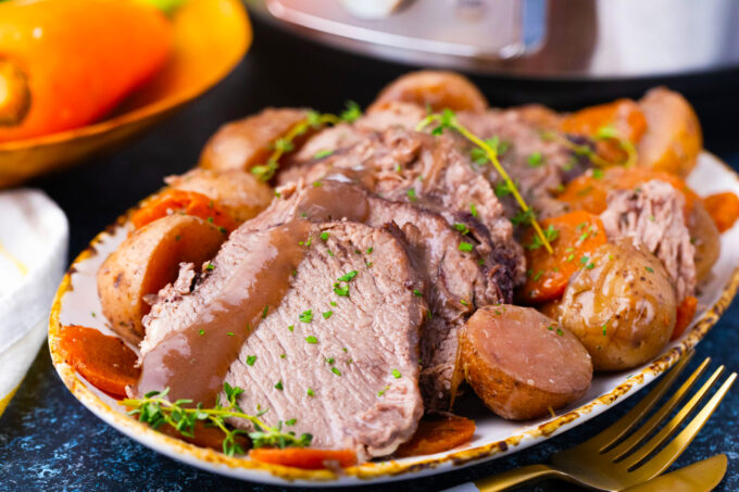 Instant Pot red wine beef roast with veggies.