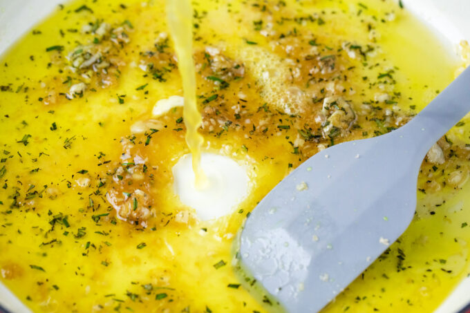 Making the brown sugar sauce.