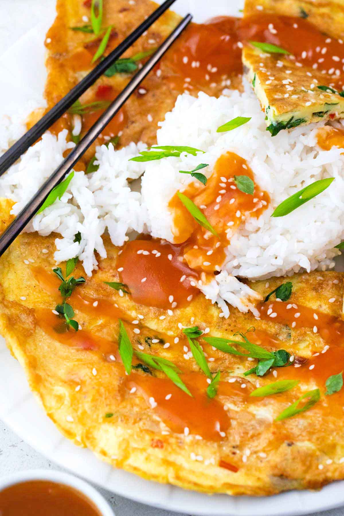 Asian egg foo young with white rice