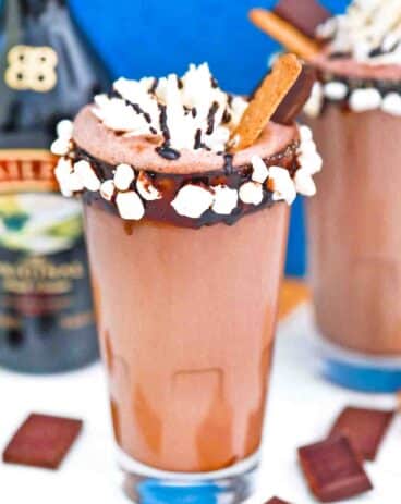 baileys s'mores milkshake with chocolate and marshmallow rim