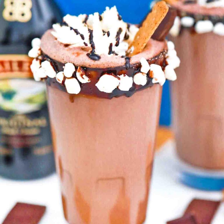 baileys s'mores milkshake with chocolate and marshmallow rim