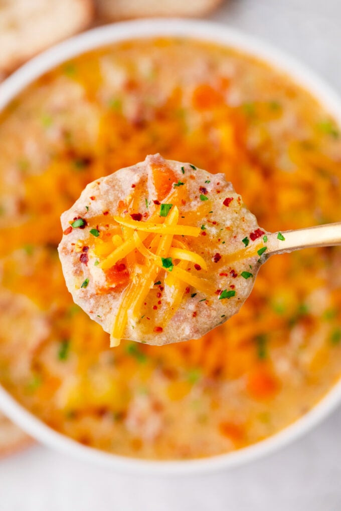 A spoonful of Instant Pot cheeseburger soup.