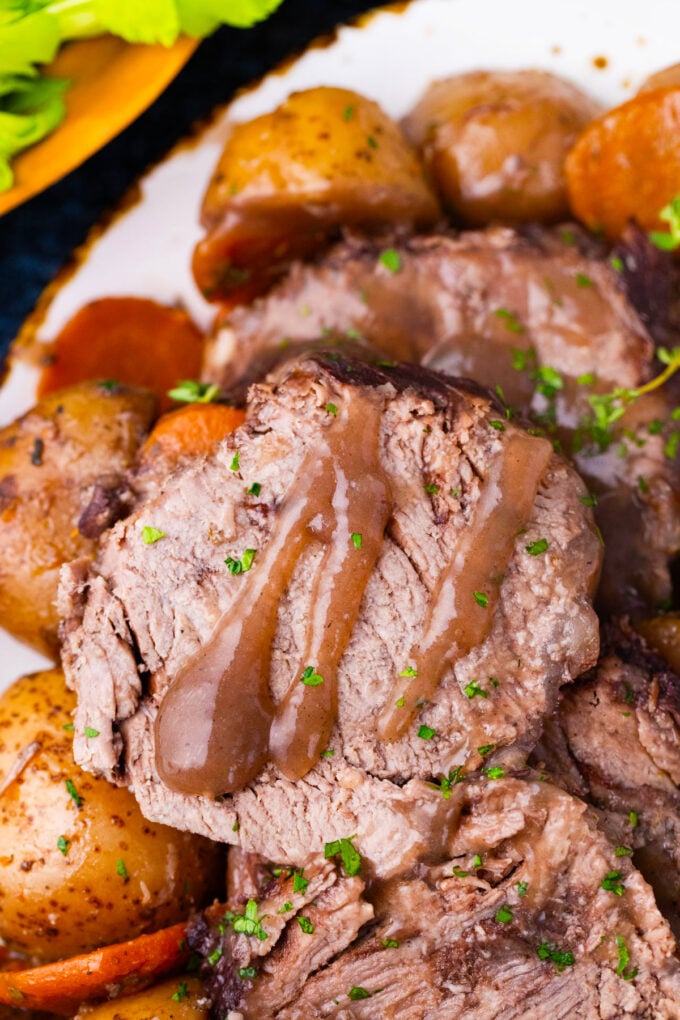 Juicy Instant Pot red wine beef roast.