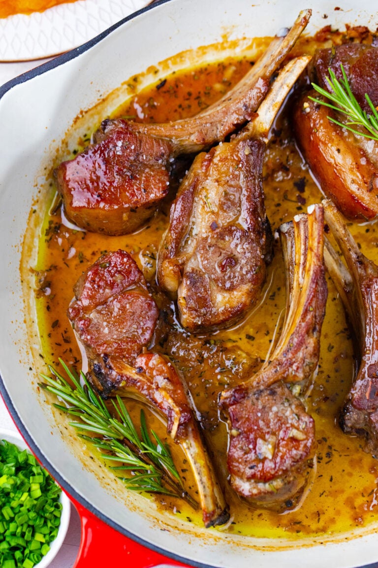 Overhead shot of one pan garlic brown sugar lamb ribs.