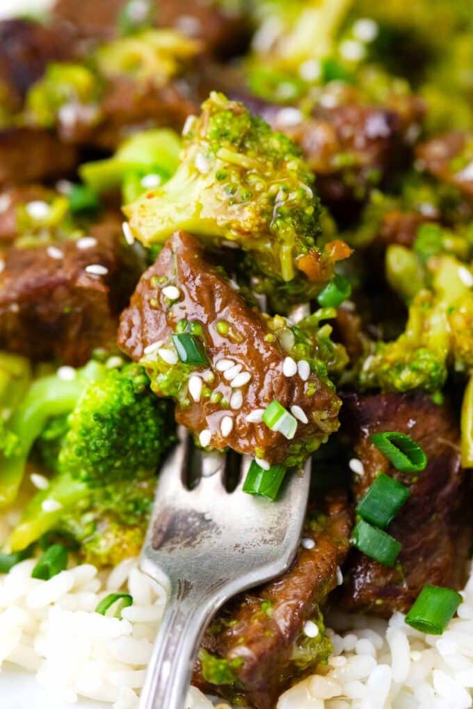 A forkful of tender beef and broccoli.