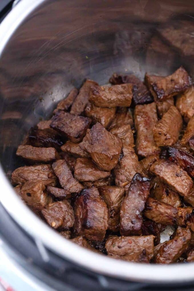 Browned beef in the Instant Pot.