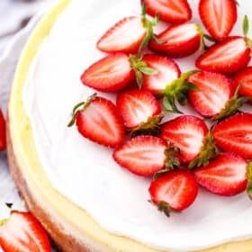 Cheesecake Factory original cheesecake copycat topped with strawberries