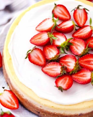 Cheesecake Factory original cheesecake copycat topped with strawberries
