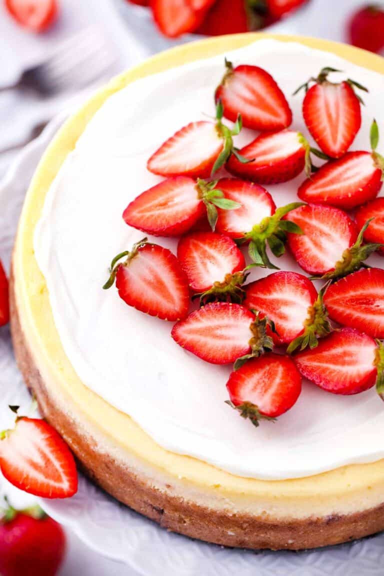 Cheesecake Factory original cheesecake copycat topped with strawberries