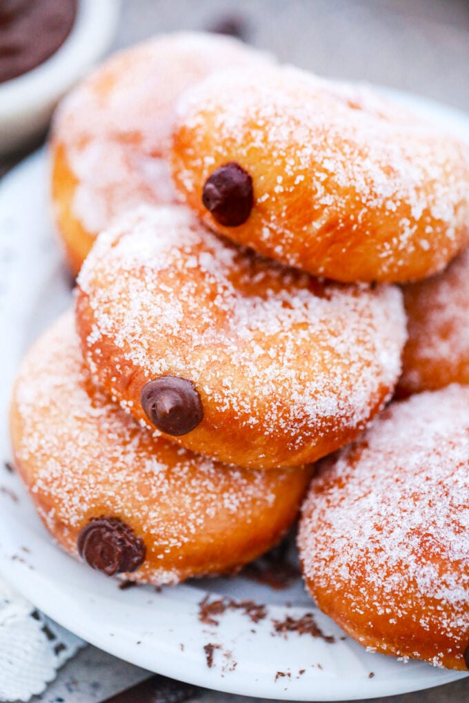 Homemade chocolate custard donuts filled with chocolate custard.