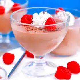 Panna Cotta served with raspberries shaved chocolate and whipped cream