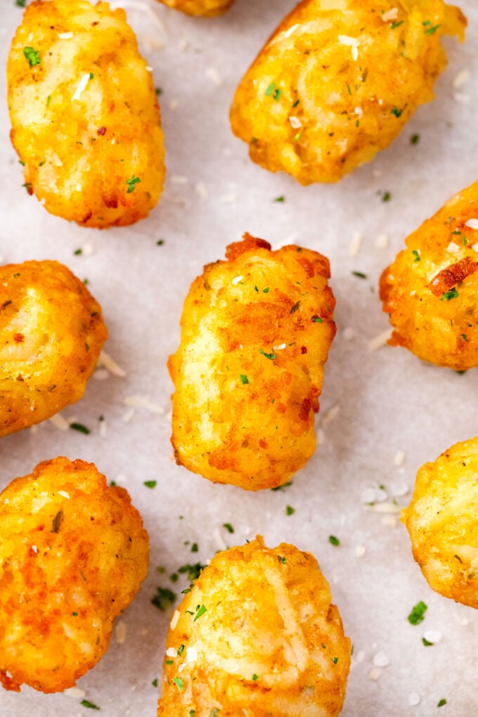 Close shot of golden-brown homemade tater tots.