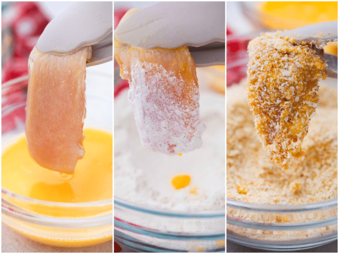 dipping a chicken strip in egg mixture, flour mixture and panko mixture