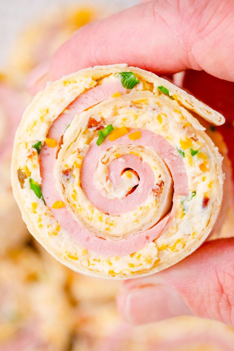 A hand holding a crack turkey pinwheel.
