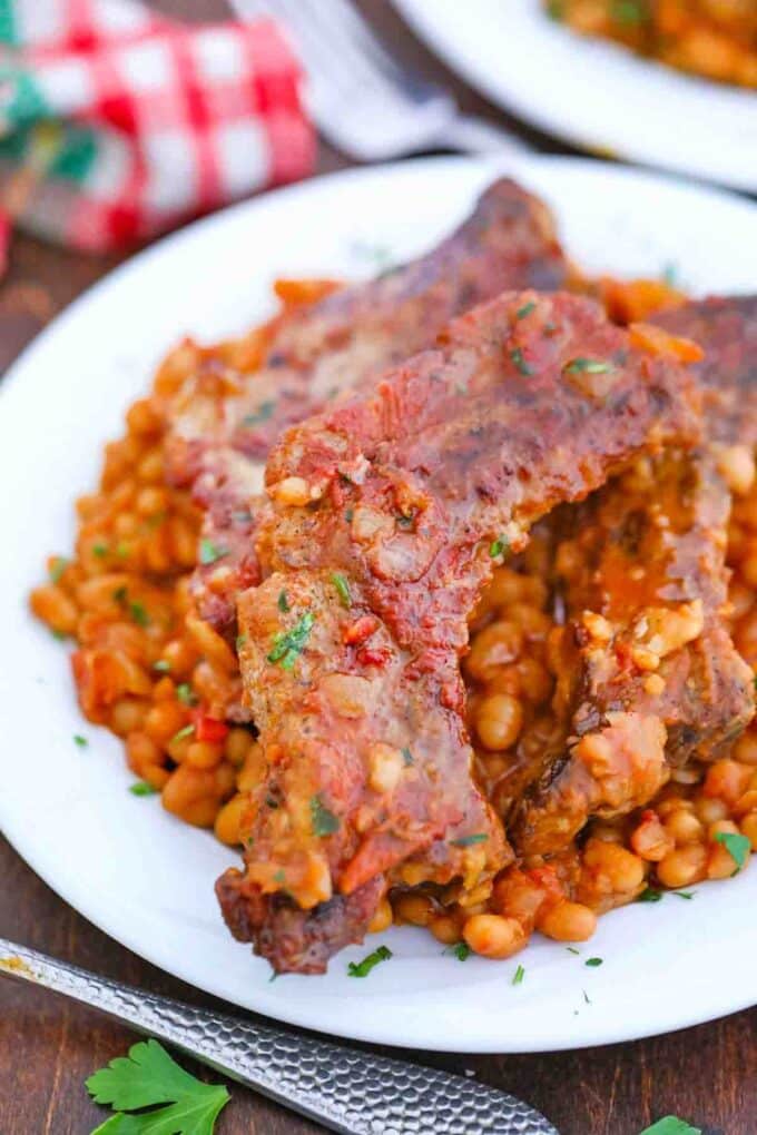 short ribs and beans on a plate