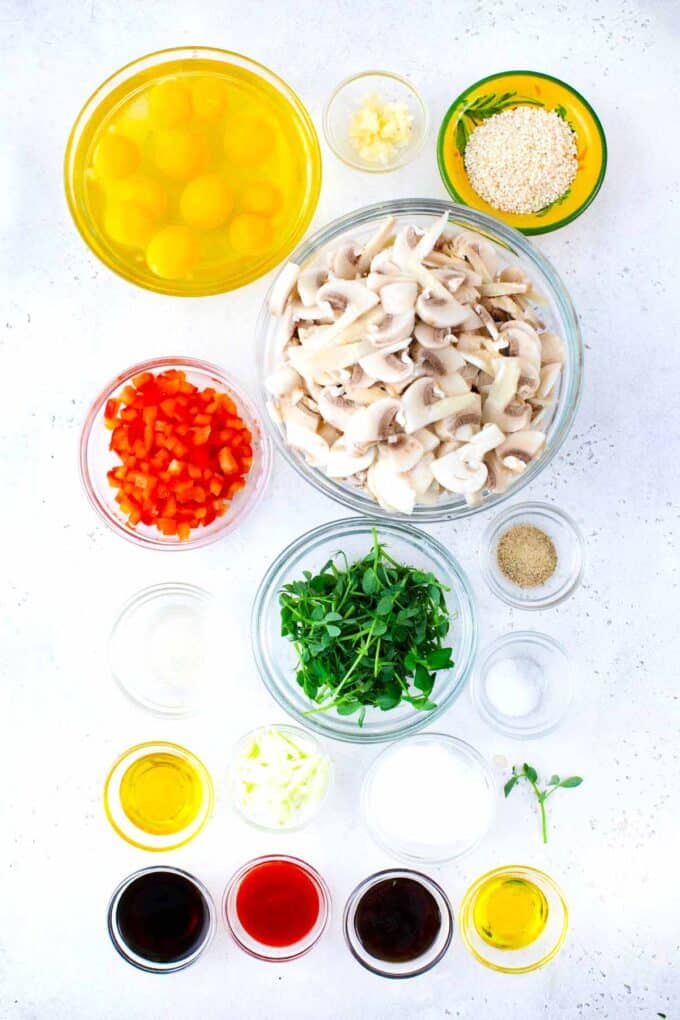 egg foo young ingredients in bowls on a table