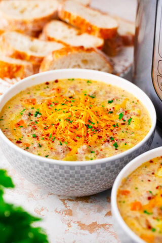 A bowl of Instant Pot cheeseburger soup.